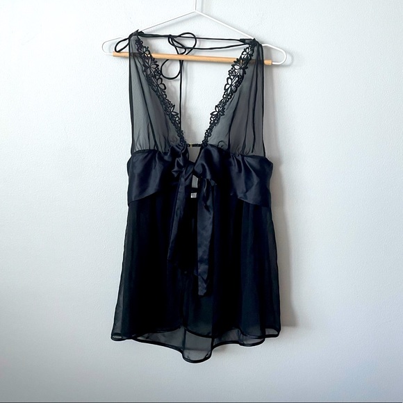 Victoria's Secret Black Sheer Satin and Lace Halter Babydoll Size Large - Picture 1 of 12